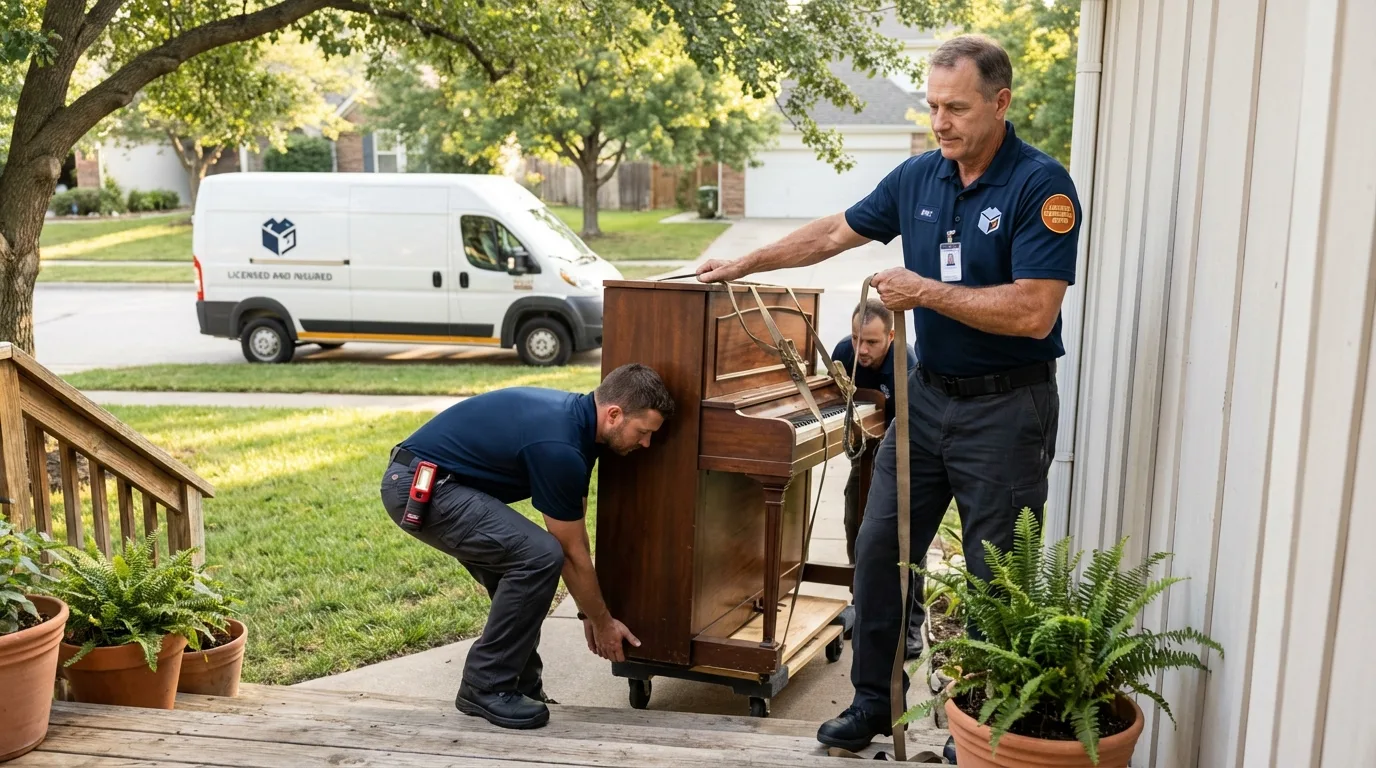 Licensed piano movers securing grand piano in Wildwood, MO