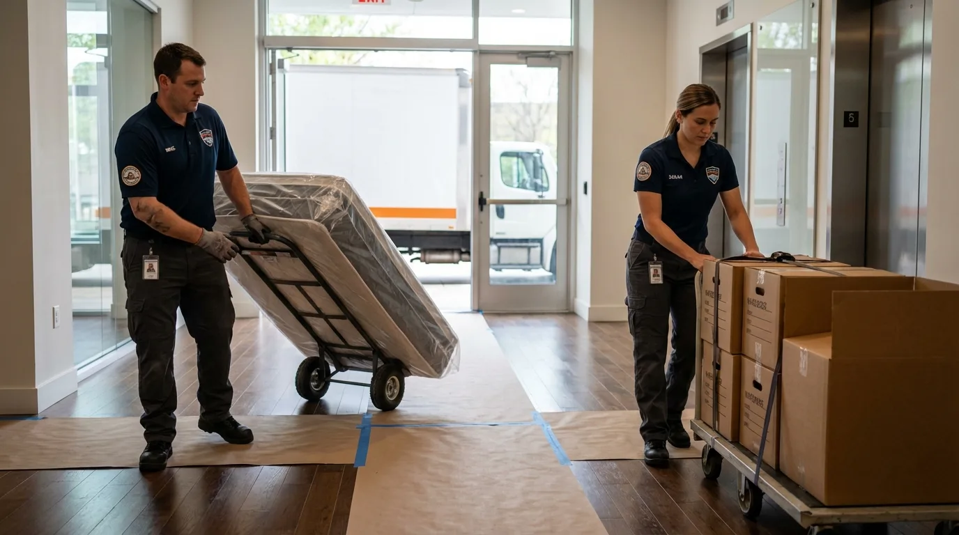 Professional apartment movers loading elevator in Wildwood, MO